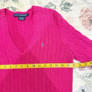 Ralph Lauren Sport Pink Cable Knit Sweater L Preppy Heritage Old Money V Neck thumbnail 5
