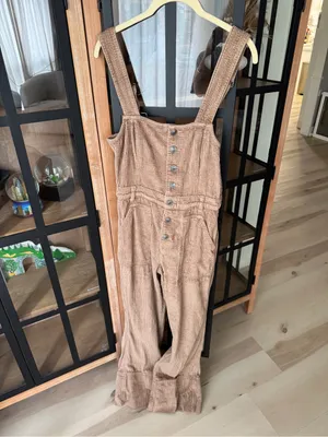 Aerie Corduroy Kick Flare Overalls jumpsuit khaki wide leg cappuccino buttons thumbnail 2