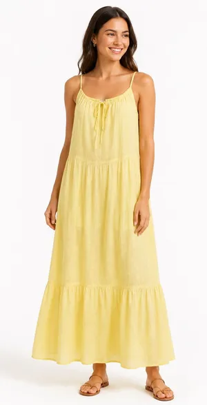 Old Navy Yellow Embroidered Tiered Maxi Dress Pockets Women’s L thumbnail 1