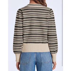 NEW Striped Cropped Sweater V Neck Cute Bow Tie Puff Sleeve S thumbnail 2