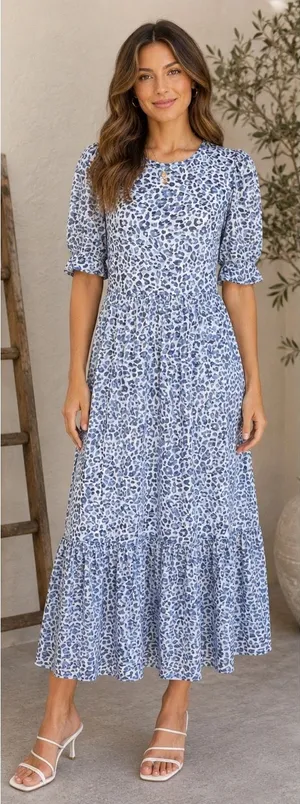 Baum und Pferdgarten Jocelyn Dress Womens Large Blue Leopard Mesh‎ Midi thumbnail 1