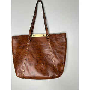 PATRICIA NASH Brown Leather Benvenuto Italy Map Antique Brass Tote Shoulder Bag thumbnail 2