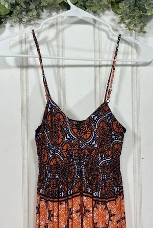 AQUA Hippie Boho Orange Navy Blue Strappy Maxi Dress SMALL Feminine thumbnail 4