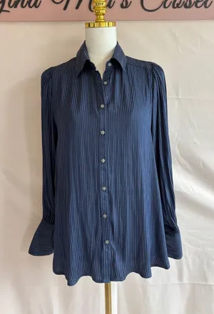 Free People Women's Navy Blue Striped Button-Up Long Sleeve Shirt Size Small thumbnail 1