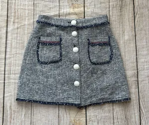 ZARA BASIC Navy Blue White Boucle Knit Mini Skirt Button Front Size Medium thumbnail 1