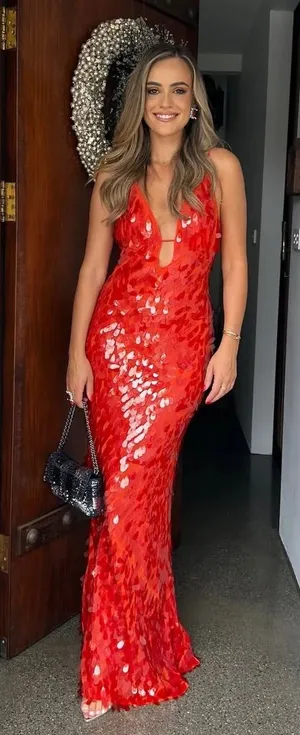 Sequined gown maxi dress formal wedding guest plunge v-neck spaghetti straps thumbnail 1