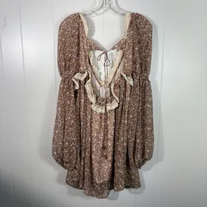 Free People Pennie Babydoll Chiffon Floral Ruffle Trim Long Sleeve Dress Small S thumbnail 9