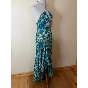 AMUR Blue Green White Edie High Low Tie Neck Floral Gown WOMENS 8 thumbnail 4
