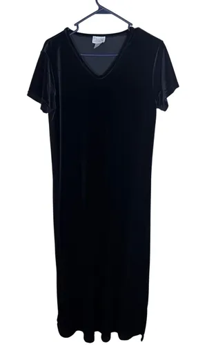 Cassini Black Velvet Maxi Dress V-Neck Short Sleeve Stretch Column Gown Large thumbnail 1