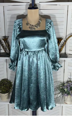 Entro Anthropologie teal satin babydoll mini dress ballooned sleeves Fairy hoco thumbnail 1