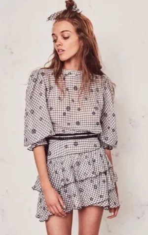 LoveShackFancy Lorelei Charcoal Floral Gingham Plaid Mini Dress Size Large thumbnail 1