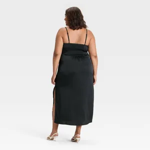 Black Satin Slip Maxi Dress Slit Empire Waist Formal Black Tie Cocktail XL thumbnail 2