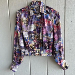 Printed Artworks Organic Cotton‎ Collage Flamee Purple Print Cropped Blouse XS thumbnail 1