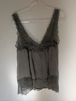 Free People Lace Trim Satin Camisole Oversized Gray Green XS thumbnail 6