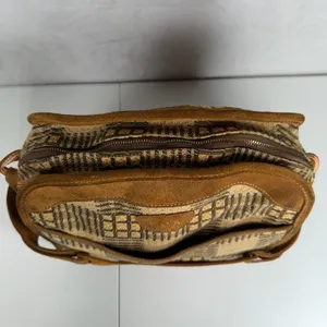 Vintage Brown Suede Tapestry Travel Bag Geometric 70s Boho Weekender Talon Zip thumbnail 8