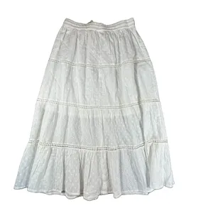 White Eyelet Cotton Maxi Skirt Large Tiered Layered Elastic Pull-On Cottagecore thumbnail 9