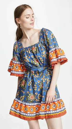 JOIE Dress Blue Chloris Mini Floral Off Shoulder Fit Flare Prairie Boho Medium thumbnail 1