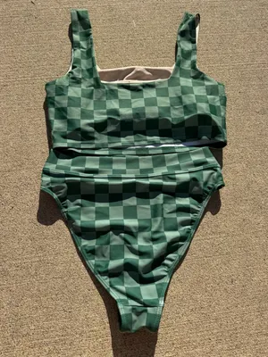 Albion Fit Olivia Swimsuit Green Checkered High Waisted High Cut Small Square Neck thumbnail 4