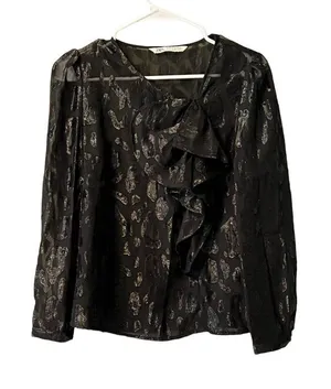 Zara Women XS Black Sheer Long Sleeve‎ Embroidered Top Blouse Ruffle Front thumbnail 1