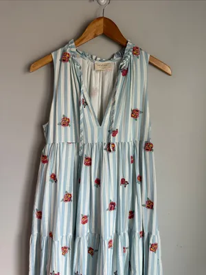 Sézane Blue Stripe Floral Tiered Maxi Dress Far36/US4 thumbnail 4