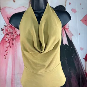 ZARA Olive Green Draped Halter Top with White Wide-Leg Pants thumbnail 3