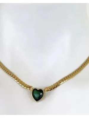 18K Gold Plated Green Heart snake chain Necklace Stainless Steel womens jewelry thumbnail 10