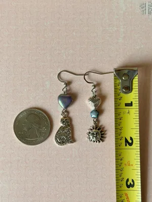 Handmade boho whimsy celestial cat quality Czech glass beads dangle earrings💜🐈 thumbnail 5