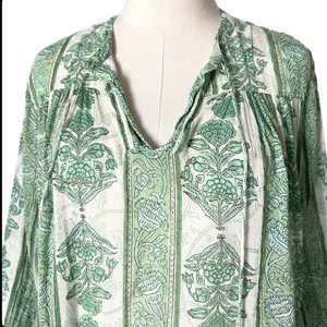 Roller Rabbit Tasseled Abstract Caftan Cover Up Dress Green White Floral Small thumbnail 3