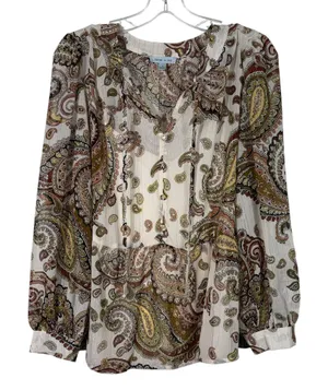 Floral & Ivy Brown Paisley Pattern Metallic Peasant Long Sleeve Chiffon Blouse M thumbnail 1
