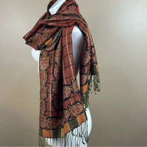 Pashmina & Silk Floral Patterned Scarf with Fringe Old Money Chic Classic thumbnail 2