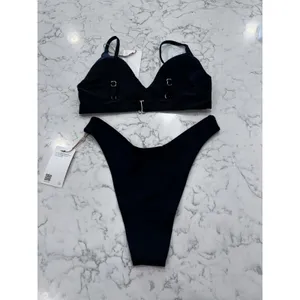 NWT Quince Black Italian V Neck Bikini Top & High Leg Bottom Set Size Small thumbnail 2