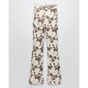 Zara Cow‎ Print High Waisted Flared Pants Brown Cream Womens Size 6 thumbnail 3