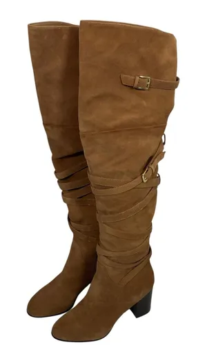 Sam Edelman Tan Suede OTK Boots 7 Leather‎ Heel Wrap Strap Tall Zip Buckle thumbnail 1