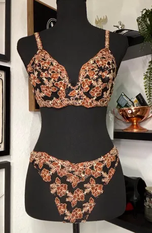 90s Vintage Wacoal Onvieve Set Floral Copper Metallic Mesh 34B Bra Thong Small thumbnail 1