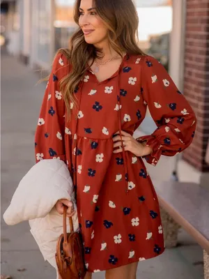 Betsey’s Boutique Shop Floral Dress L Rust Boho Long Sleeve Peasant Prairie thumbnail 2