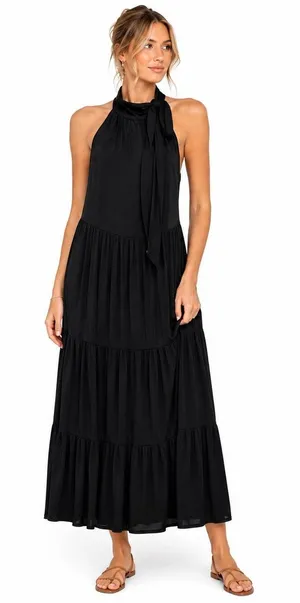 RD Style Black Halter Tiered Midi Dress Sz M thumbnail 1