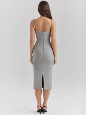 House of CB KIKI Light Grey Mesh Panelled Bodycon Midi Dress L thumbnail 6