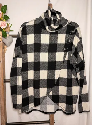 7th Ray Buffalo Plaid Cowl Neck Asymmetrical Button Wrap Sweater Black White L thumbnail 1