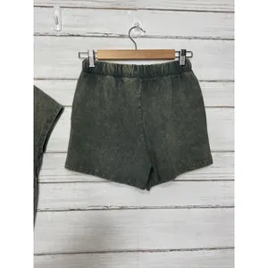 Zenana Acid Wash T-Shirt & Shorts Matching Set Small Dark Green Cotton Lounge thumbnail 8