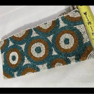 Hand Beaded Wristlet Clutch Teal Brown White Geometric Boho Zip Pouch thumbnail 3