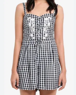 Hollister Women Mini Romper Gingham Checkered Black White Floral Lace Up size M thumbnail 3