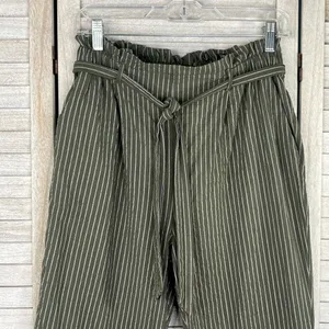 SIENNA SKY High Rise Cropped Casual Pants w Paperbag Waist Olive Stripe-L thumbnail 2