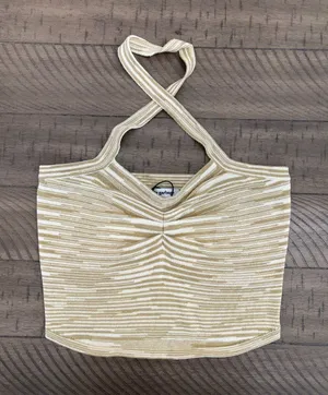 Striped Halter Ruched Crop Top in Cream and Beige thumbnail 1