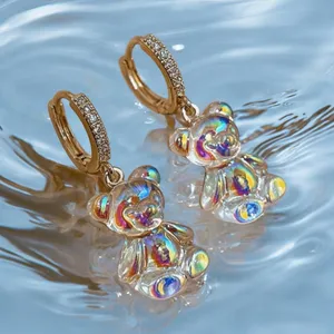 Cute‎ Gold plated clear bear design dangle earrings faux fashion jewelry thumbnail 2