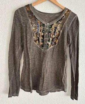 Free People Henley Sequin Bib Brown Long Sleeve T-Shirt Small thumbnail 1