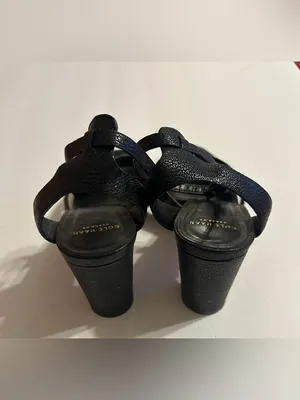 Cole Haan Black Leather Heeled Sandals with Gold Cutouts thumbnail 3