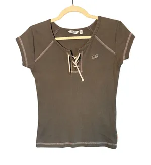 Fox Racing Womens Top L Olive Green Lace Up Ribbed Contrast Stitch Y2K Gorpcore thumbnail 1