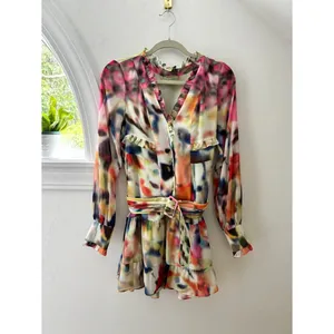 ALEXIS Leonie Mini Dress Abstract Print Long Sleeve Ruffle Tiered Belted Flowy S thumbnail 2