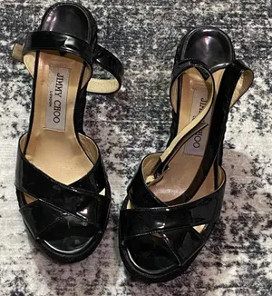 Jimmy Choo Black Patent Espadrille Wedge Sandals Size EU 37 WUS 6.5 thumbnail 1