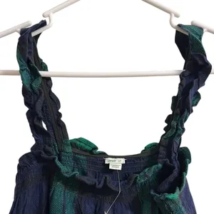 Aerie Navy Green Plaid Ruffle Strap Romper‎ with Velvet Tie S/P thumbnail 3